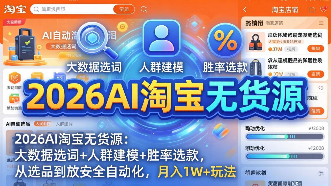 2026AI淘宝无货源-4月更新：大数据选词+人群建模+胜率选款，从选品到放大全自动化，月入1W+玩法-惠声资源站