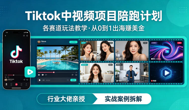 某大佬的Tiktok中视频项目陪跑，涵盖TK各个赛道玩法教学，从0到1出海賺美金-惠声资源站