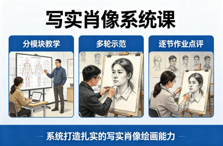 写实肖像系统课，全程分模块教学+多轮示范+逐节作业点评，系统打造扎实的写实肖像绘画能力-惠声资源站