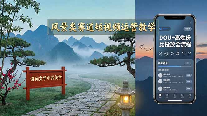 风景类赛道短视频运营教学：诗词文学中式美学，新号养号对标账号定位，DOU+高性价比投放全流程-惠声资源站