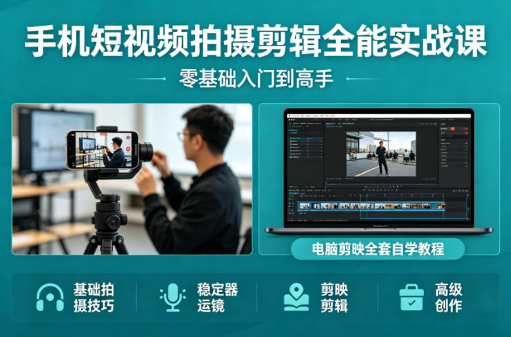 手机短视频拍摄剪辑全能实战课：零基础入门到高手，稳定器运镜+电脑剪映全套自学教程-惠声资源站