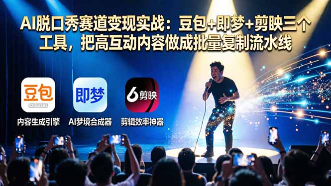 AI脱口秀赛道变现实战：豆包+即梦+剪映三个工具，把高互动内容做成批量复制流水线-惠声资源站