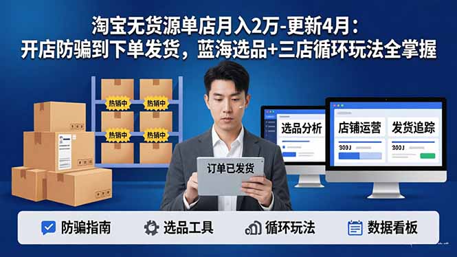 淘宝无货源5.0单店月入2万-更新4月：开店防骗到下单发货，蓝海选品+三店循环玩法全掌握-惠声资源站