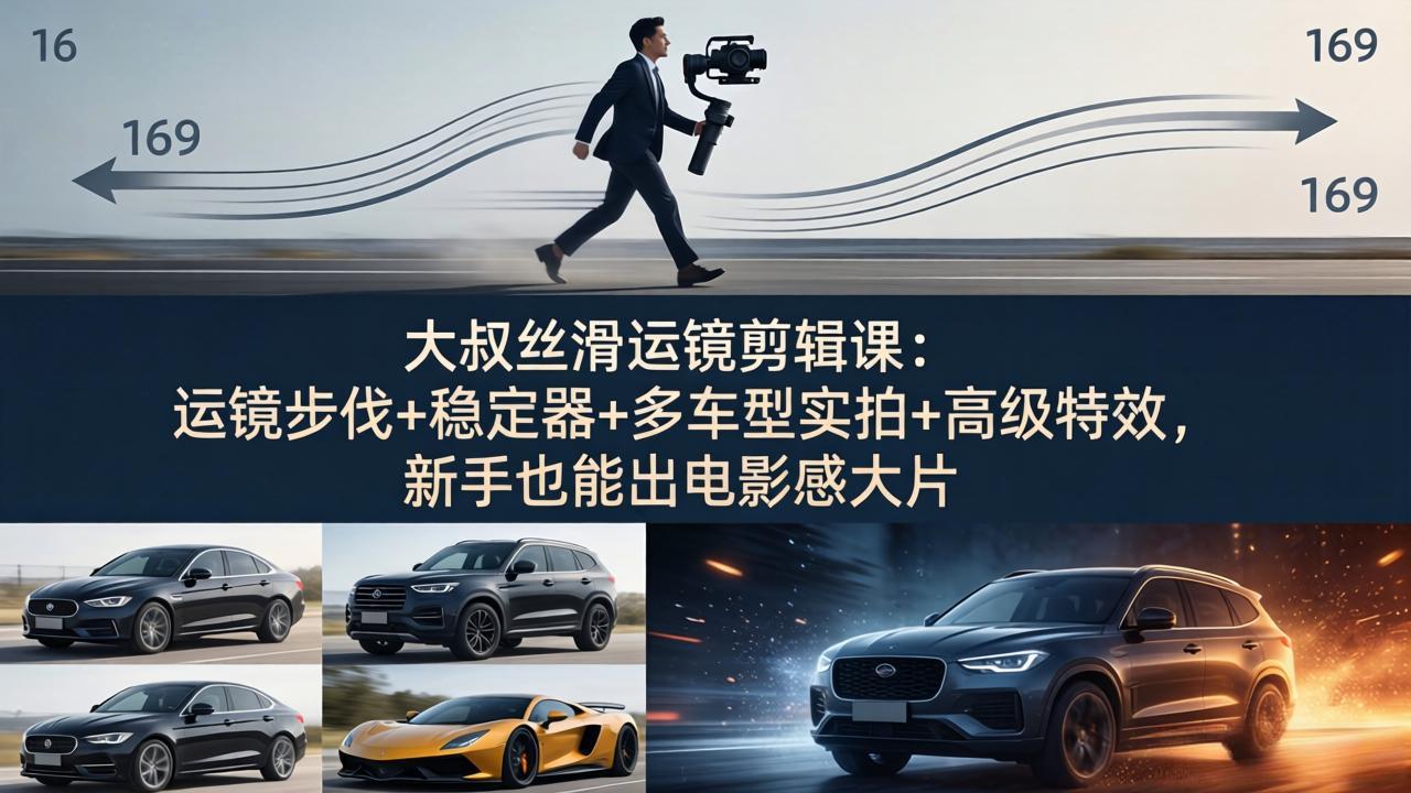 大叔丝滑运镜剪辑课：运镜步伐+稳定器+多车型实拍+高级特效，新手也能出电影感大片-惠声资源站