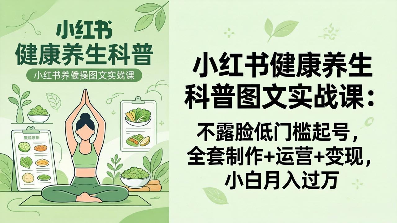 2026小红书健康养生科普图文实战课：不露脸低门槛起号，全套制作+运营+变现，小白月入过万-惠声资源站