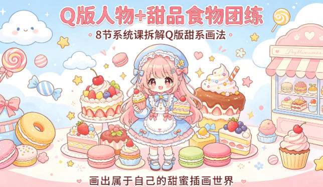 Q版人物+甜品食物团练，8节系统课拆解Q版甜系画法，画出属于自己的甜蜜插画世界-惠声资源站