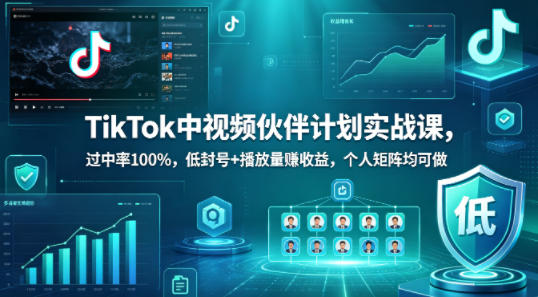 TikTok中视频伙伴计划实战课，过中率100%，低封号+播放量賺收益，个人矩阵均可做-惠声资源站