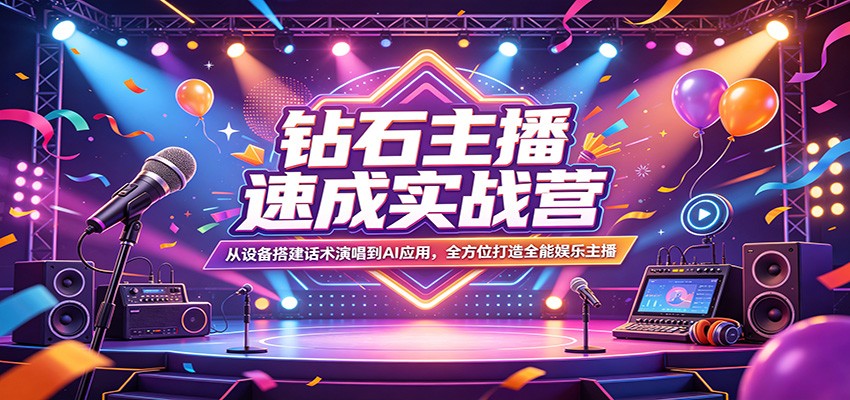钻石主播速成实战营：从设备搭建话术演唱到AI应用，全方位打造全能娱乐主播-惠声资源站