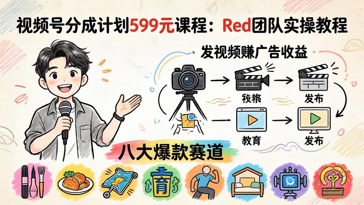 视频号分成计划599元课程：Red团队实操教程，发视频赚广告收益，八大爆款赛道全掌握-惠声资源站