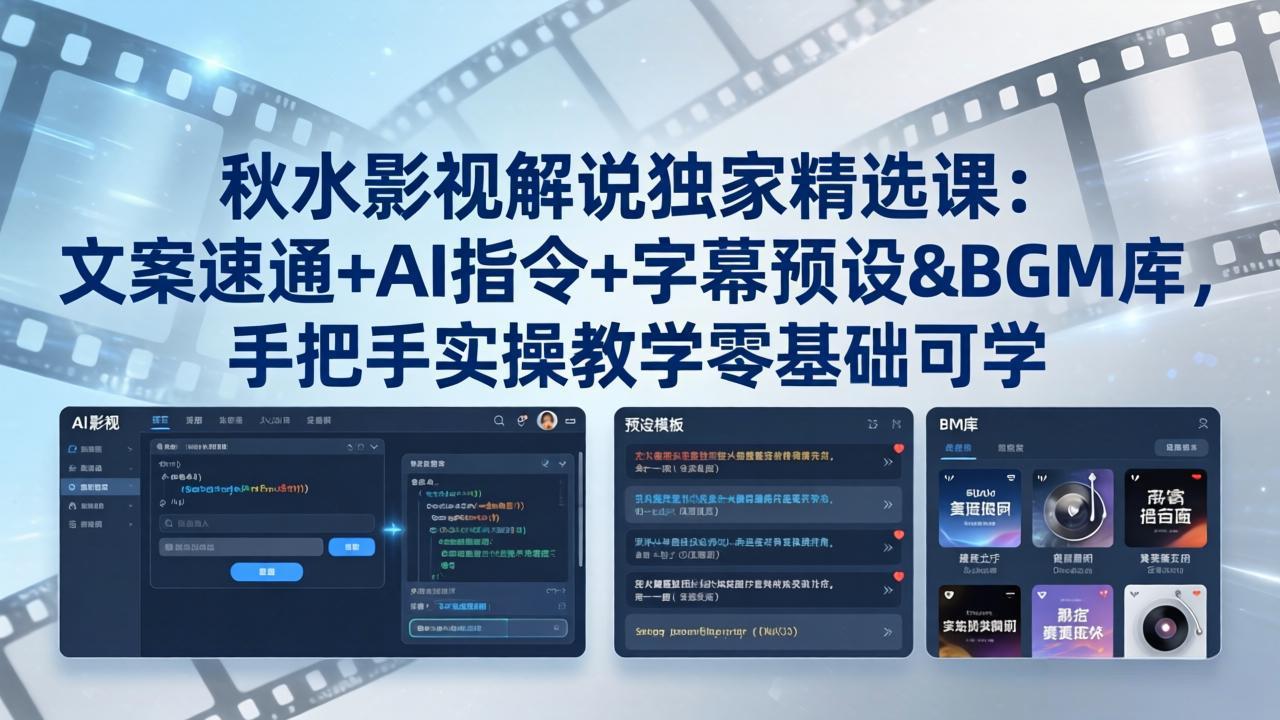 秋水影视解说独家精选课：文案速通+AI指令+字幕预设+BGM库，手把手实操教学零基础可学-惠声资源站