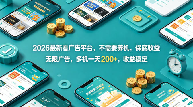 2026最新看广告平台，不需要养机，保底收益，无限广告，多机一天200+，收益稳定【揭秘】-惠声资源站
