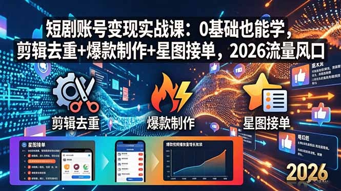 短剧账号变现实战课：0基础也能学，剪辑去重+爆款制作+星图接单，2026流量风口-惠声资源站