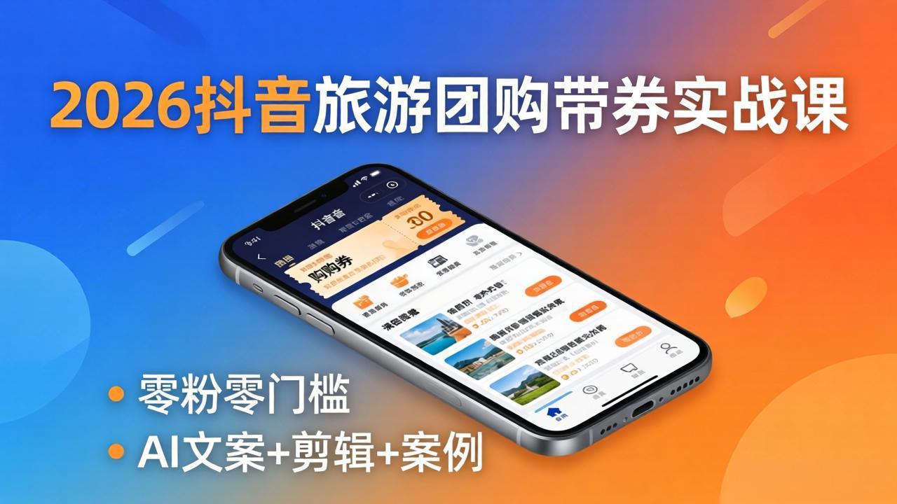 2026抖音旅游团购带券实战课：零粉零门槛，AI文案+剪辑+案例，躺着赚门票佣金-惠声资源站