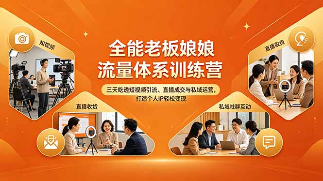 全能老板娘流量体系训练营，三天吃透短视频引流、直播成交与私域运营，打造个人IP轻松变现-惠声资源站