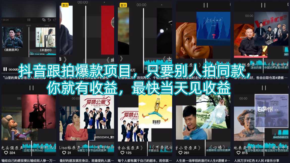 抖音跟拍爆款项目，只要别人拍同款，你就有收益，最快当天见收益-惠声资源站