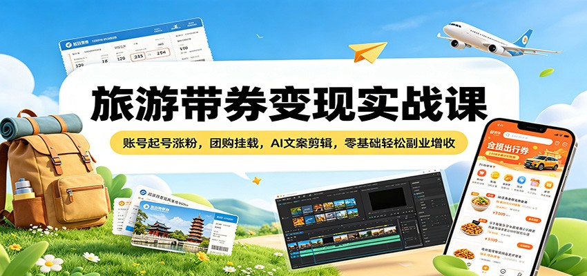 旅游带券变现实战课：账号起号涨粉，团购挂载，AI文案剪辑，零基础轻松副业增收-惠声资源站