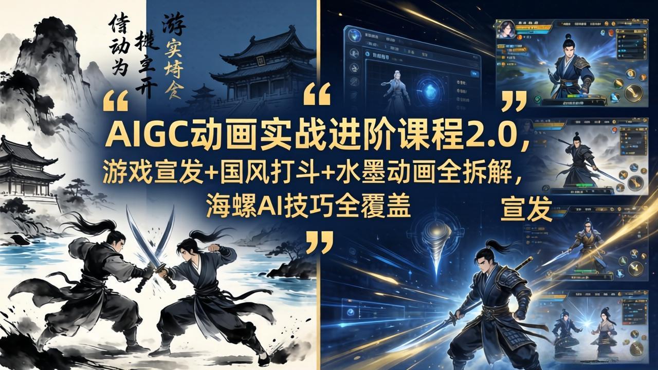 AIGC动画实战进阶课程2.0，游戏宣发+国风打斗+水墨动画全拆解，海螺AI技巧全覆盖-惠声资源站