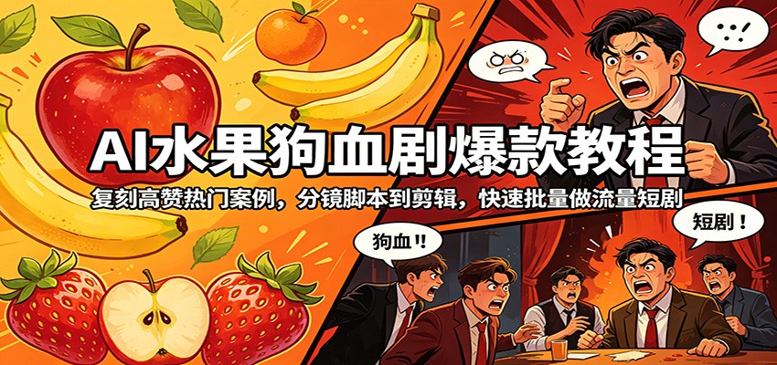 AI水果狗血剧爆款教程：复刻高赞热门案例，分镜脚本到剪辑，快速批量做流量短剧-惠声资源站