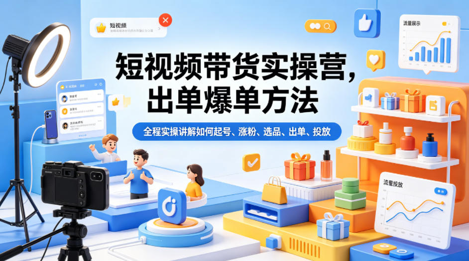 短视频带货实操营，出单爆单方法，全程实操讲解如何起号、涨粉、选品、出单、投放-惠声资源站