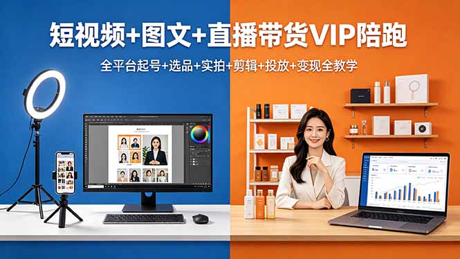 短视频+图文+直播带货VIP陪跑，全平台起号+选品+实拍+剪辑+投放+变现全教学-惠声资源站