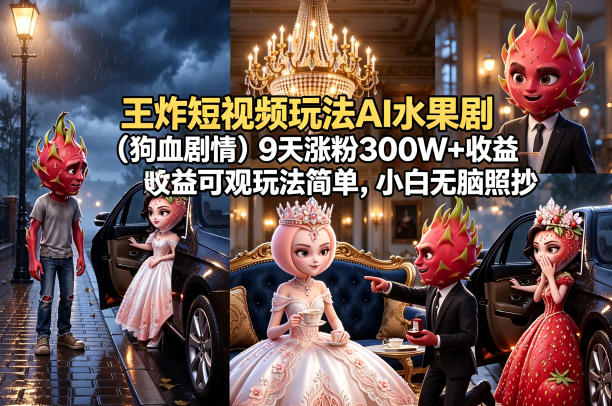 王炸短视频玩法AI水果剧(狗血剧情)9天涨粉300W+收益可观玩法简单，小白无脑照抄，详细拆解玩法-惠声资源站
