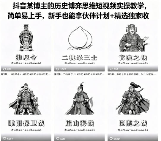 抖音某博主的历史博弈思维短视频实操教学，简单易上手，新手也能拿伙伴计划+精选独家收益-惠声资源站