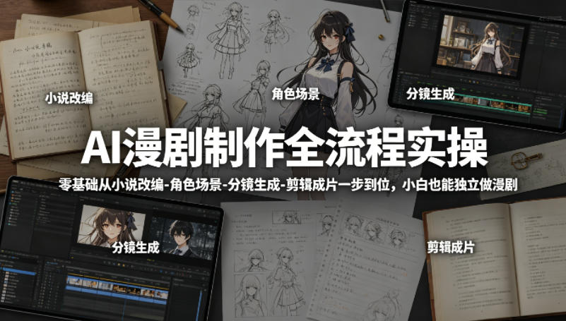 AI漫剧制作全流程实操，零基础从小说改编-角色场景-分镜生成-剪辑成片一步到位，小白也能独立做漫剧-惠声资源站