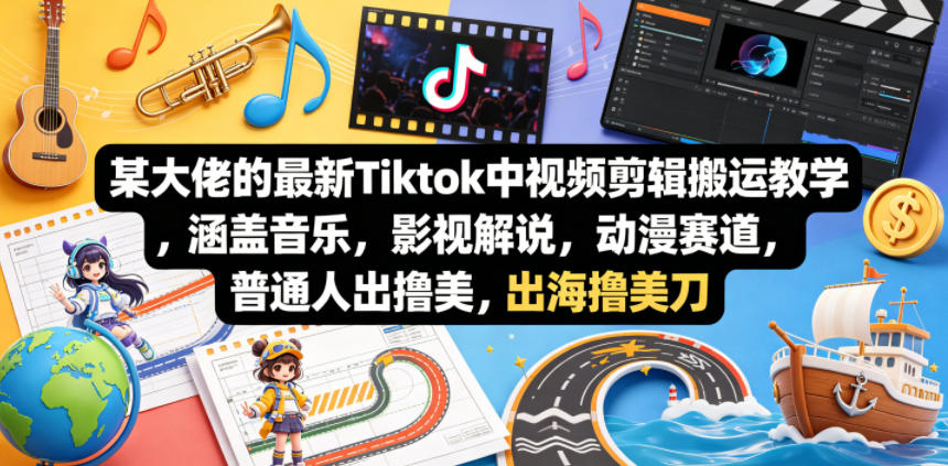 某大佬的最新Tiktok中视频剪辑搬运教学，涵盖音乐，影视解说，动漫赛道，普通人出海撸美刀-惠声资源站