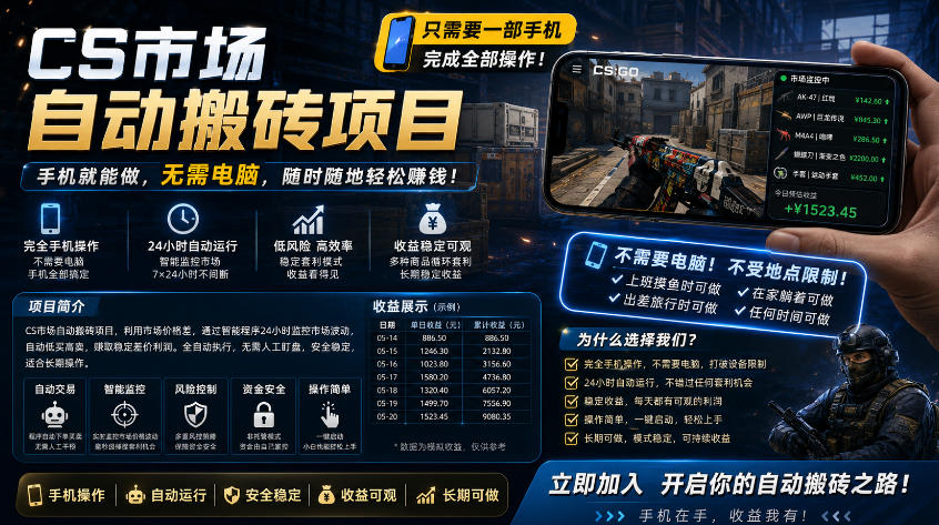 手机即可操作的CS市场自动搬砖系统｜自动监控｜自动下单|日入300+【揭秘】-惠声资源站