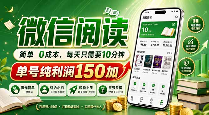 最新微信阅读，每日10分钟，单号利润150+，可批量放大操作，简单0成本-惠声资源站