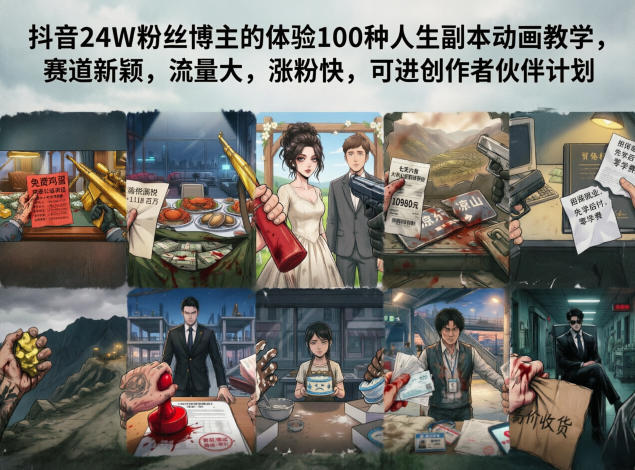 抖音24W粉丝博主的体验100种人生副本动画教学，赛道新颖，流量大，涨粉快，可进创作者伙伴计划-惠声资源站