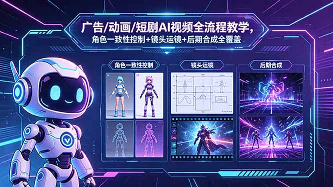 广告/动画/短剧AI视频全流程教学，角色一致性控制+镜头运镜+后期合成全覆盖-惠声资源站