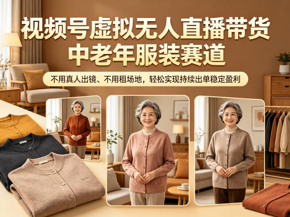 视频号虚拟无人直播带货中老年服装赛道，不用真人出镜、不用租场地，轻松实现持续出单稳定盈利-惠声资源站