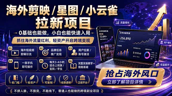 海外剪映 / 星图 / 小云雀拉新项目 普通人也能上手的跨境流量变现副业-惠声资源站