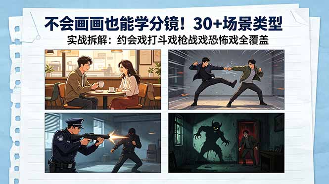 不会画画也能学分镜！30+场景类型实战拆解：约会戏打斗戏枪战戏恐怖戏全覆盖-惠声资源站