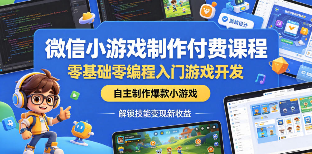 微信小游戏制作付费课程，零基础零编程入门游戏开发，自主制作爆款小游戏，解锁技能变现新收益-惠声资源站