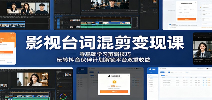 影视台词混剪变现课：零基础学习剪辑技巧，玩转抖音伙伴计划解锁平台双重收益-惠声资源站