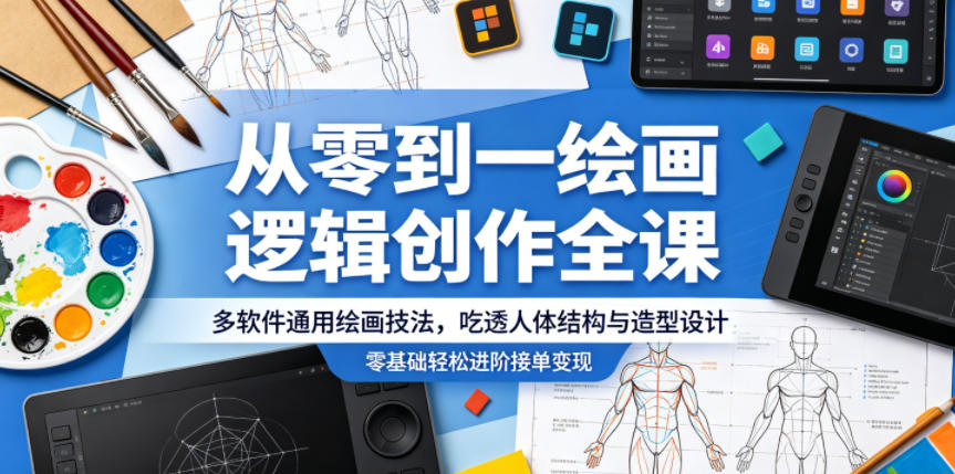 从零到一绘画逻辑创作全课，多软件通用绘画技法，吃透人体结构与造型设计，零基础轻松进阶接单变现-惠声资源站