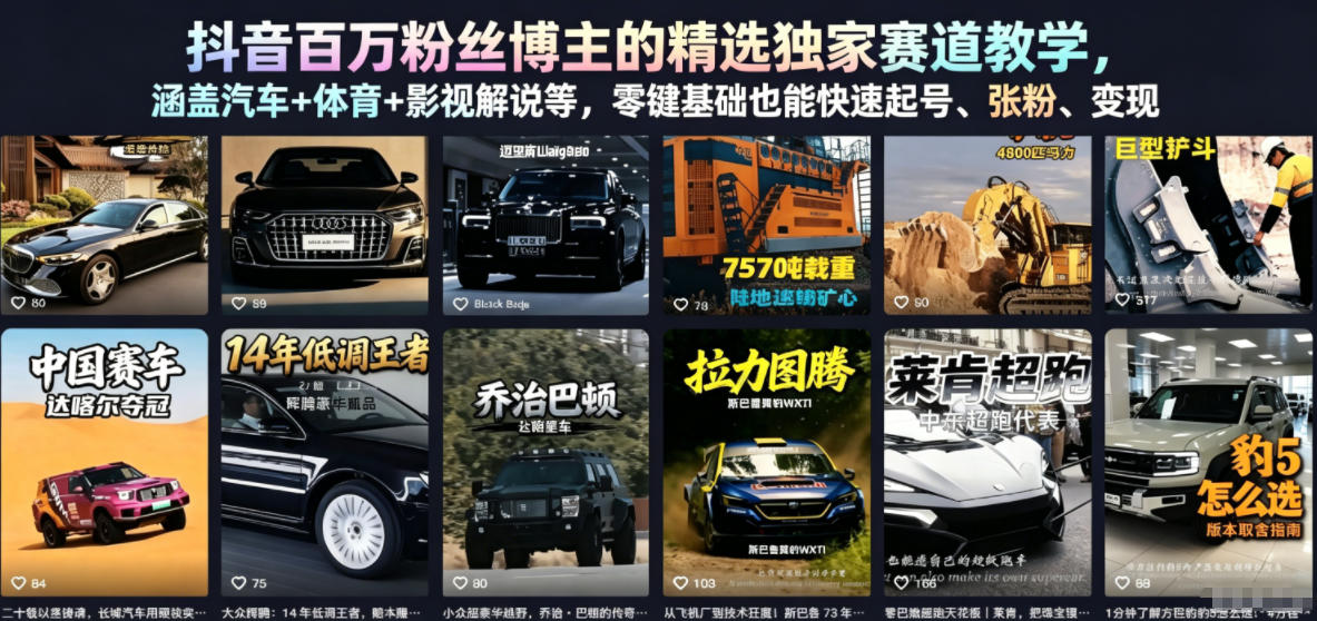 抖音百万粉丝博主的精选独家赛道教学，涵盖汽车+体育+影视解说等，零基础也能快速起号、涨粉、变现-惠声资源站