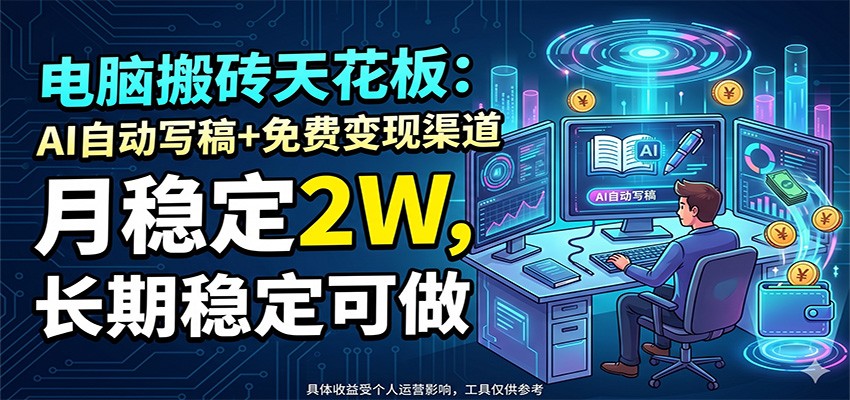 电脑搬砖天花板：AI自动写稿+免费变现渠道，月稳定2W，长期稳定可做-惠声资源站