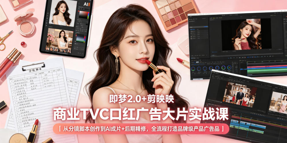 即梦2.0+剪映商业TVC口红广告大片实战课｜从分镜脚本创作到AI成片+后期精修，全流程打造品牌级产品广告-惠声资源站