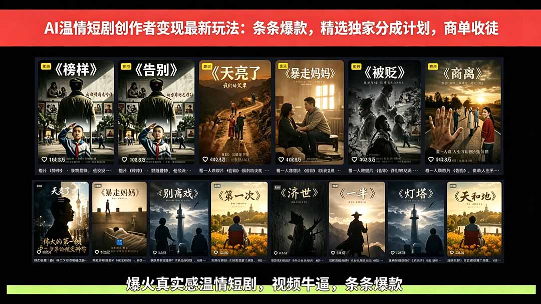 AI温情短剧创作者变现最新玩法：视频牛逼，条条爆款，精选独家分成计划，商单收徒-惠声资源站