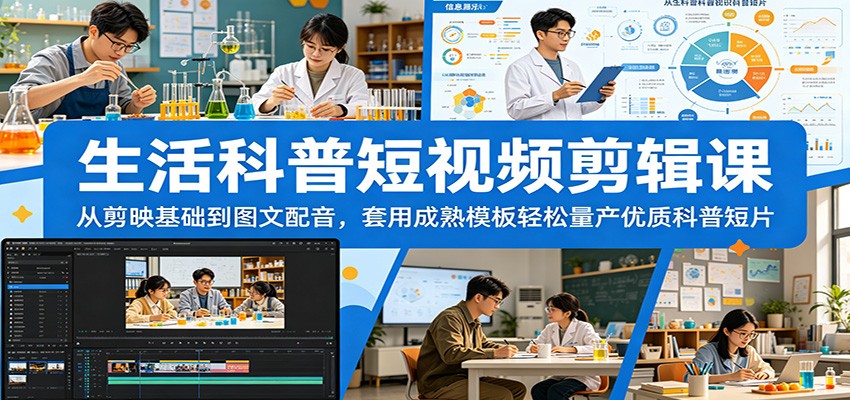 生活科普短视频剪辑课：从剪映基础到图文配音，套用成熟模板轻松量产优质科普短片-惠声资源站