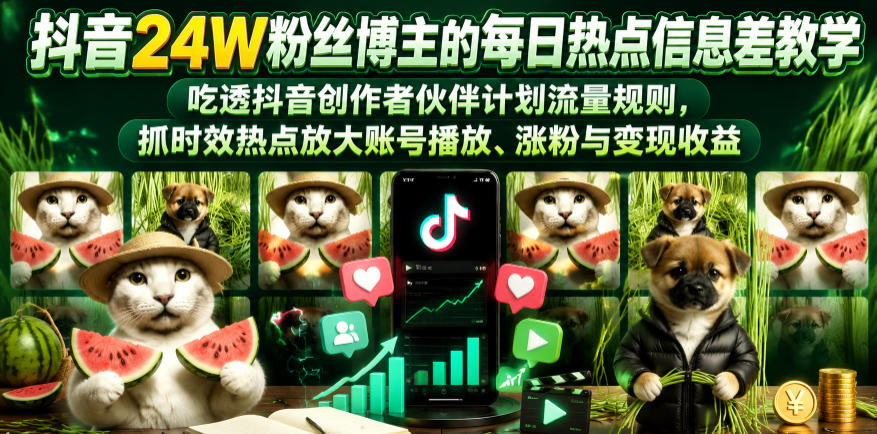 抖音24W粉丝博主的每日热点信息差教学，吃透创作者伙伴计划流量规则，抓时效热点放大账号播放、涨粉与变现收益-惠声资源站