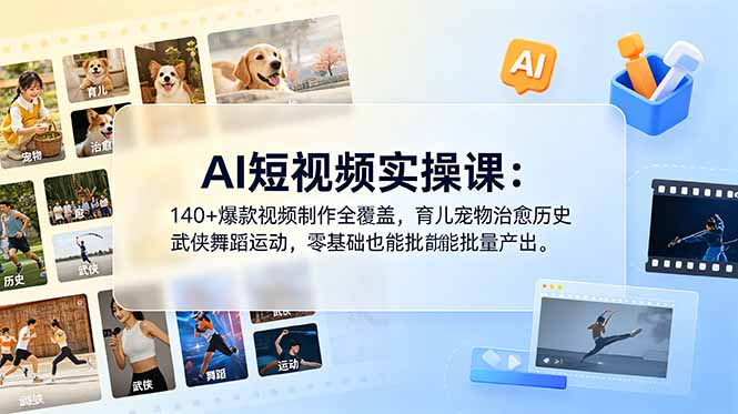 AI短视频实操课：140+爆款视频制作全覆盖，育儿宠物治愈历史武侠舞蹈运动，零基础也能批量产出-惠声资源站