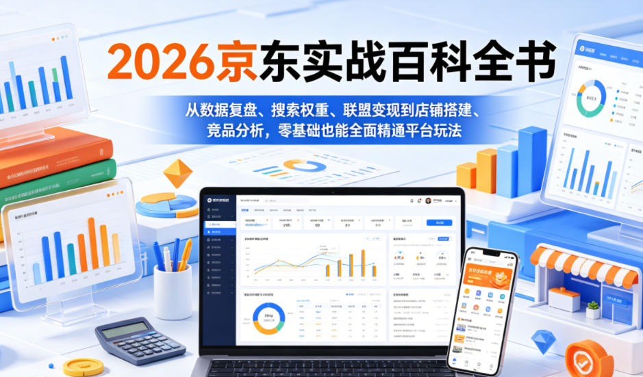 2026京东实战百科全书，从数据复盘、搜索权重、联盟变现到店铺搭建、竞品分析，零基础也能全面精通平台玩法-惠声资源站