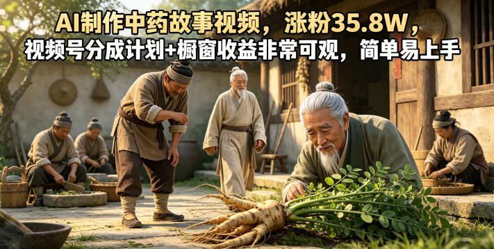AI制作中药故事视频，涨粉35.8W，视频号分成计划+橱窗收益非常可观，简单易上手-惠声资源站