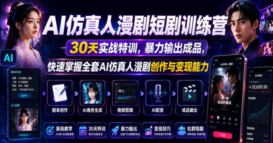 AI仿真人漫剧短剧训练营，30天实战特训，暴力输出成品，快速掌握全套AI仿真人漫剧创作与变现能力-惠声资源站