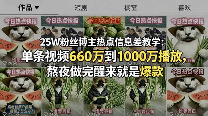 25W粉丝博主热点信息差教学：单条视频660万到1000万播放，熬夜做完醒来就是爆款-惠声资源站