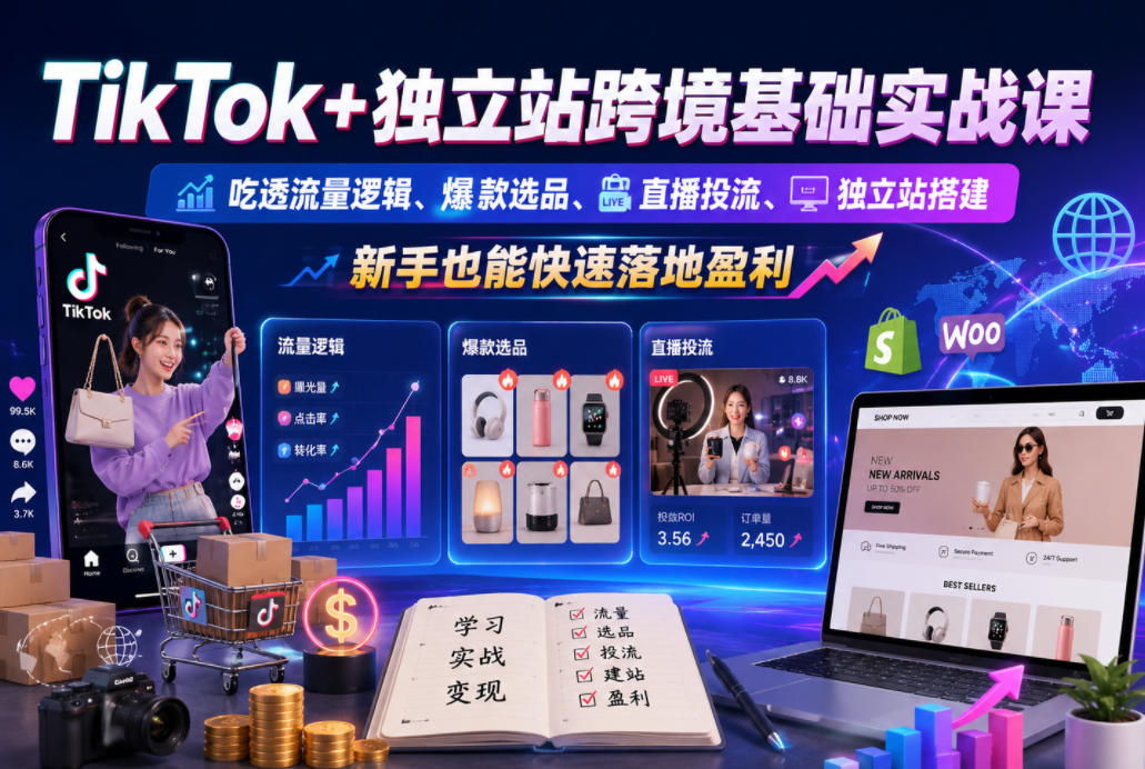 TikTok+独立站跨境基础实战课，吃透流量逻辑、爆款选品、直播投流与独立站搭建，新手也能快速落地盈利-惠声资源站